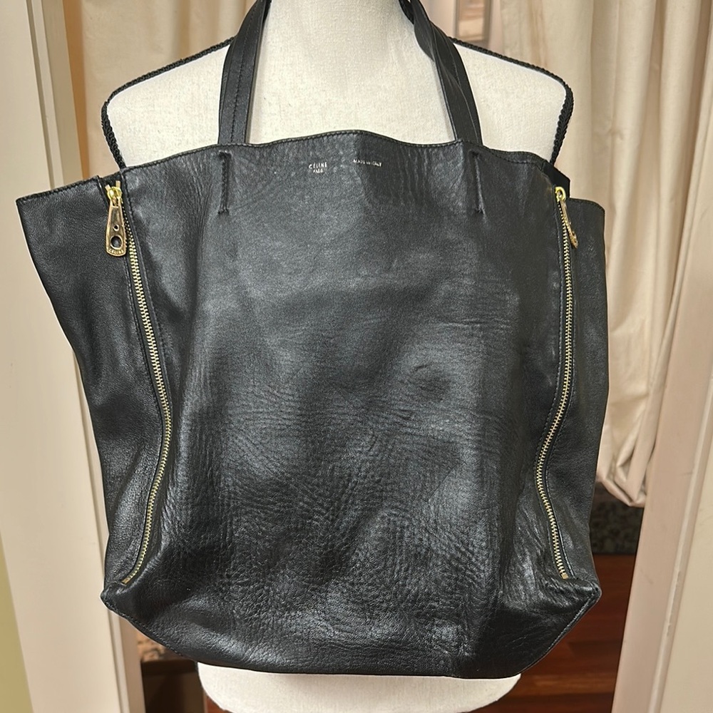 Celine Black Leather Tote with Gold Zipper Details